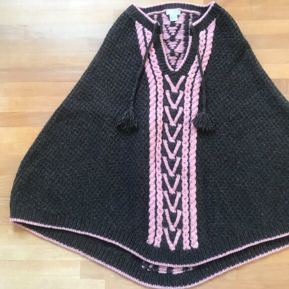 Kate Spade 100% Wool Poncho Cable Knit Brown & Pink with Tassels - Picture 3 of 11